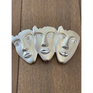 Drama Three Faces Silver Tone Mask Brooch Pin